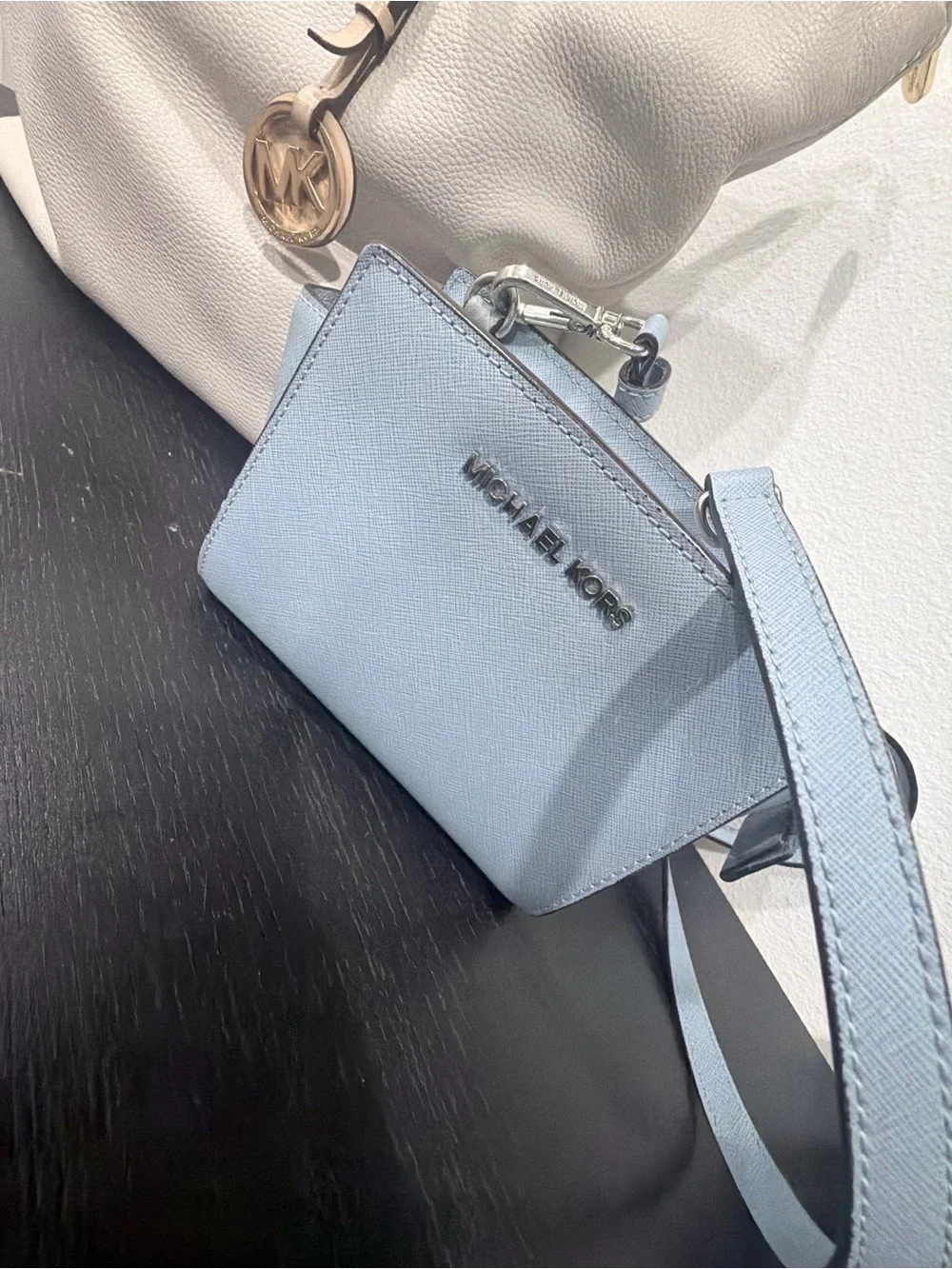 Michael Kors Cream Pebbled Tote with Light Blue Crossbody Set